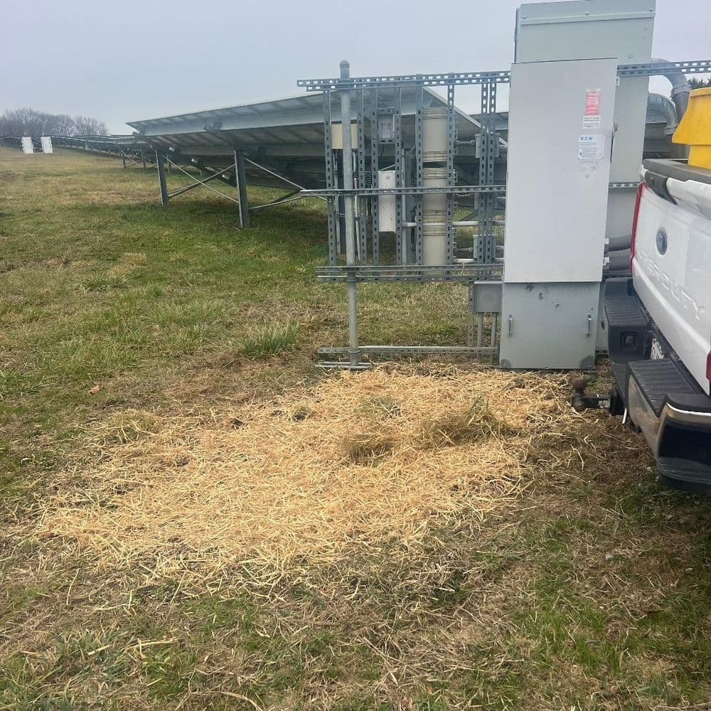 Utility equipment beside solar panels on grassy field with straw covering the ground.